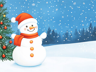 Fototapeta premium A cheerful snowman in a red hat and scarf, standing against a snowy background, evoking warm holiday spirits and winter wonderland vibes.