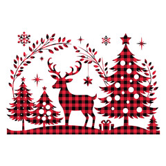 Naklejka premium Christmas outdoor design at Buffalo plaid pattern festive background design deer and trees vector,