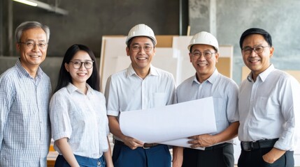 A collection of portrait photos of Asian architects, from fresh graduates to senior planners, smiling with blueprints