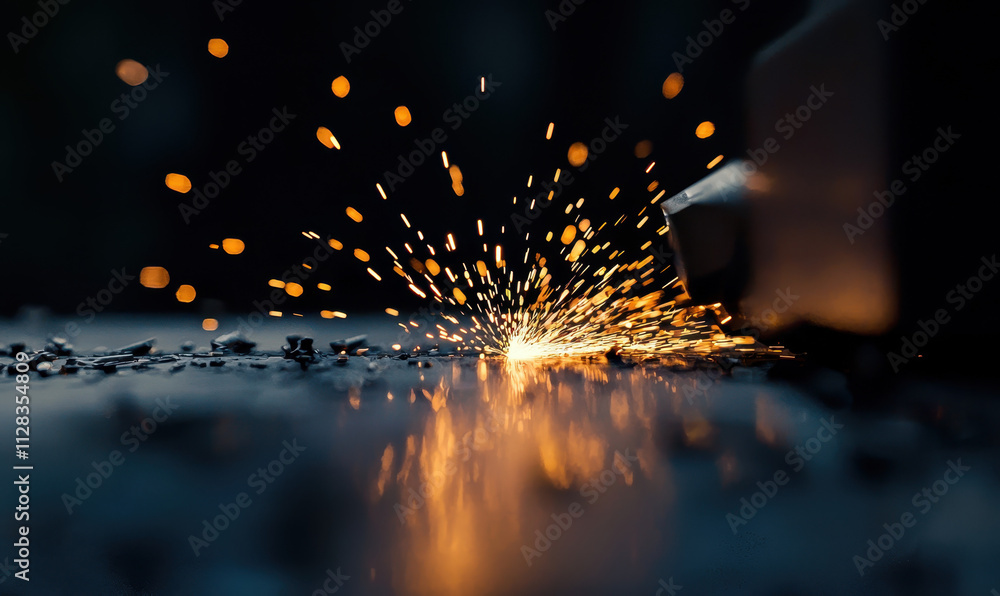Poster captivating industrial scene: sparks flying from metal cutting in an advanced workshop setting with 