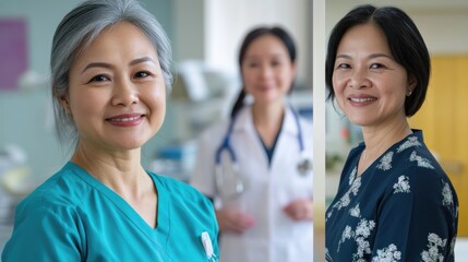 A collection of portrait photos of Asian nurses, young and senior, smiling in bright clinic environments