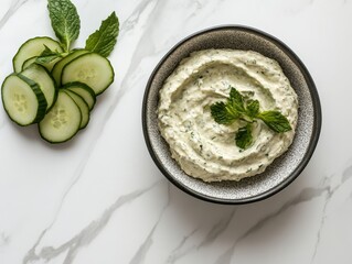 A bowl of creamy dip with mint leaves, accompanied by sliced cucumbers.