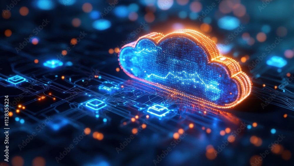 Poster digital cloud computing concept with glowing circuits and data connections in blue and orange, symbo