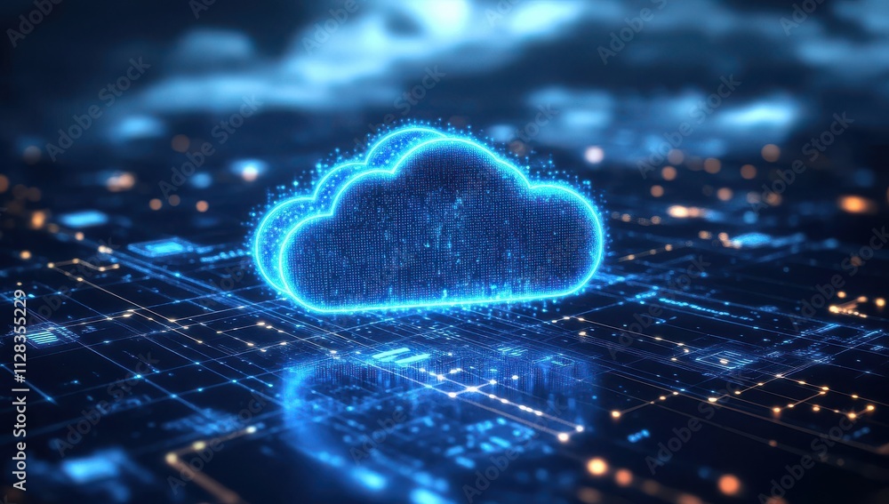Poster digital cloud computing concept representing data storage and network connectivity with futuristic b