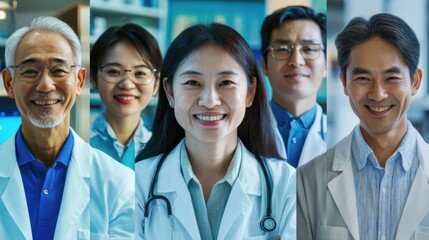 Fototapeta premium A collection of portrait photos of Asian scientists of all ages, smiling in cutting-edge laboratories