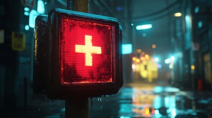 Urban Night Scene Featuring Red Cross Traffic Light with Raindrops in a Neon-Lit Alley, Emphasizing Modern City Atmosphere and Emergency Signals