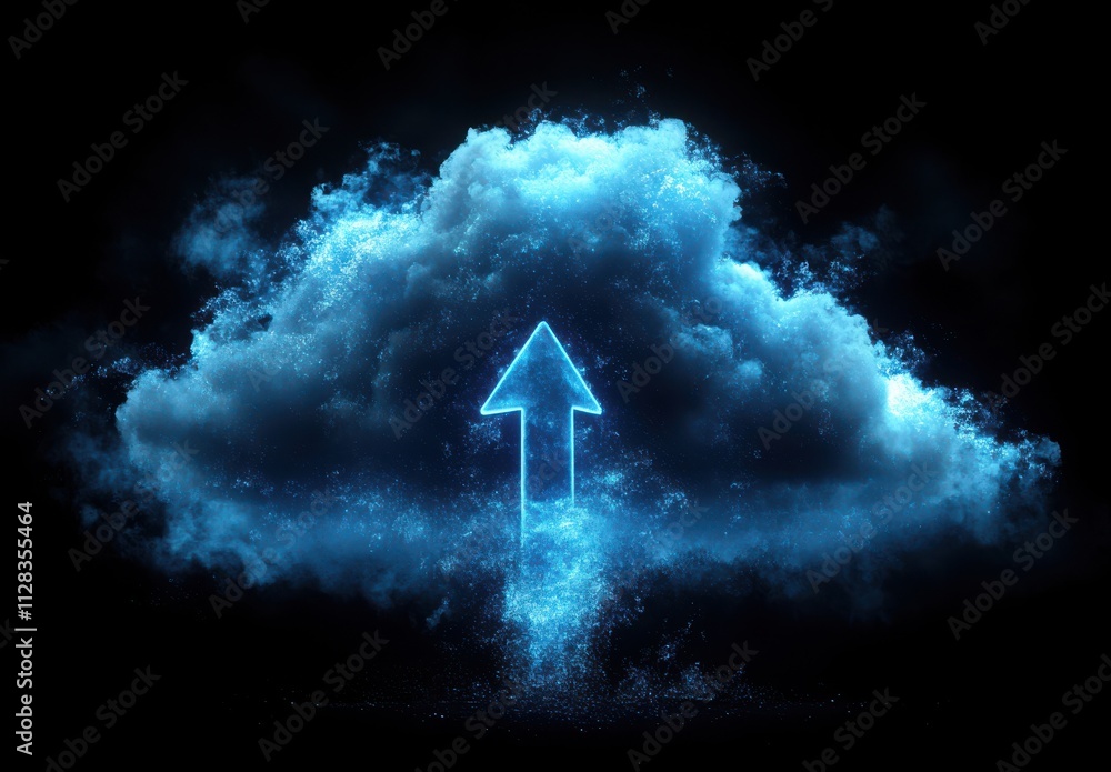 Poster digital cloud storage concept featuring glowing arrow signifying upload process, illuminated and sur