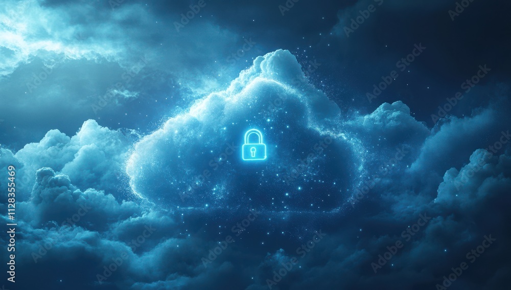 Poster digital cloud security concept with lock symbol in blue sky representing data protection and privacy