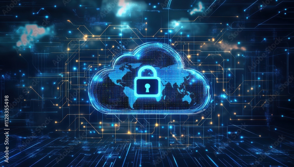 Aufkleber digital cloud security concept with lock symbol representing data protection and global connectivity