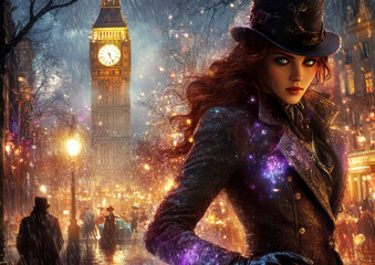  Victorian woman walks down the street of London, with Big Ben  in the background.