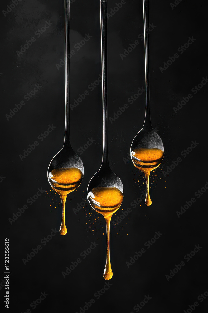Poster elegant display of dripping honey from spoons captured in dramatic light showcasing the rich and vis