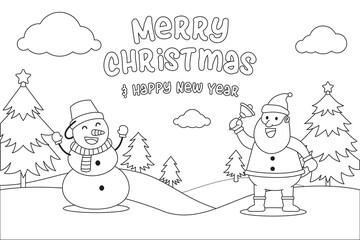 Coloring Page Snowman and Santa Say Hi In Christmas Night