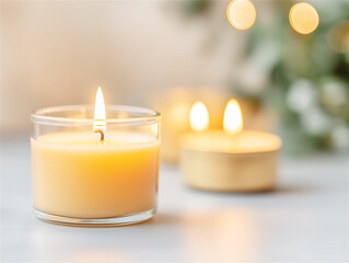 Three soft candles glowing warmly against a blurred festive background. Great for holiday ambiance and relaxation themes.