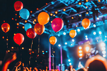 Birthday balloons in various colors floating in the air, with a festive crowd below. Copyspace at the bottom. Bright, celebratory lighting. Open-air event background.