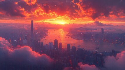 Vibrant sunset over a city skyline, viewed from above the clouds.