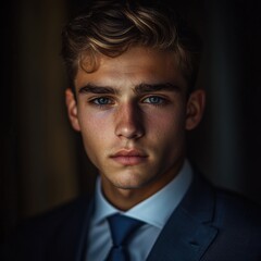 portrait of a young man in formal attire with intense gaze
