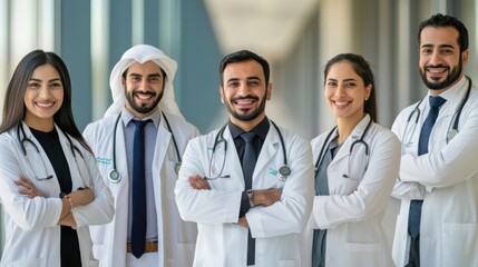A collection of portrait photos of Middle Eastern physicians, from interns to specialists, smiling in healthcare facilities