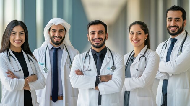 A collection of portrait photos of Middle Eastern physicians, from interns to specialists, smiling in healthcare facilities