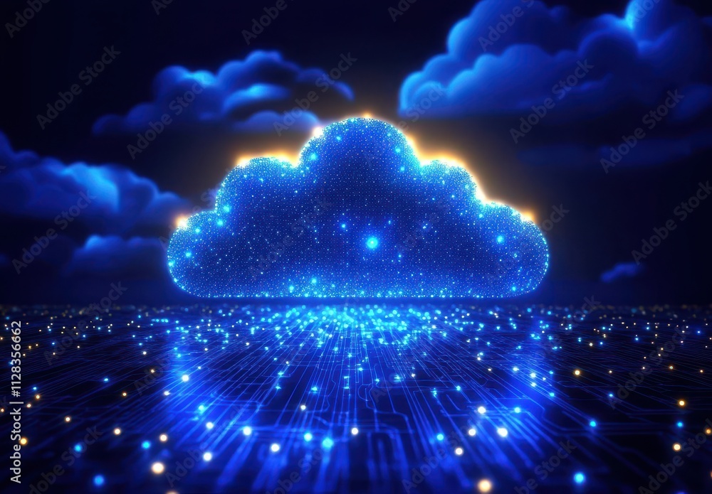 Poster ethereal digital cloud surrounded by luminous particles and blue circuits representing technology an