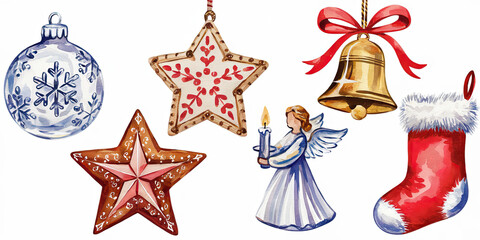 Festive Watercolor Christmas Decorations Ornaments Stars Angel Bell Stocking