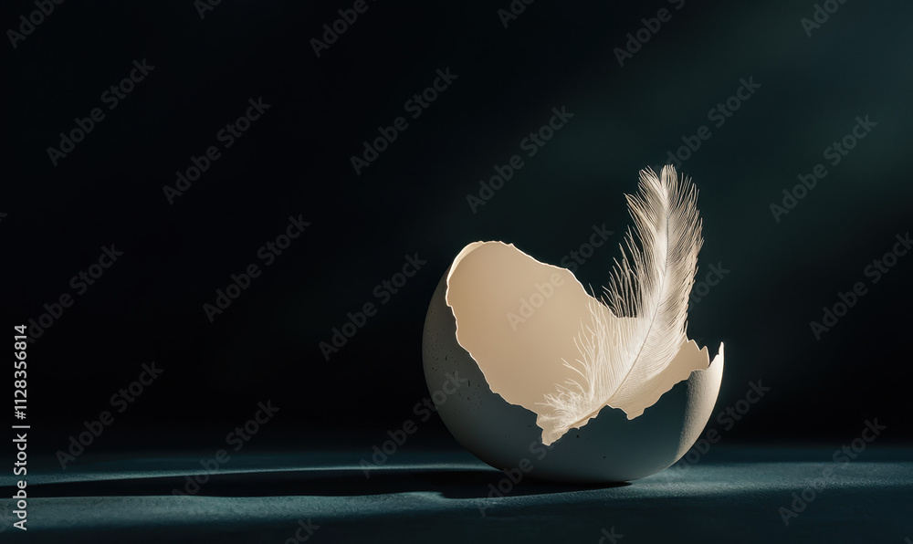 Aufkleber exploring fragility and serenity: a feather poised gracefully within a sheltered eggshell cavern