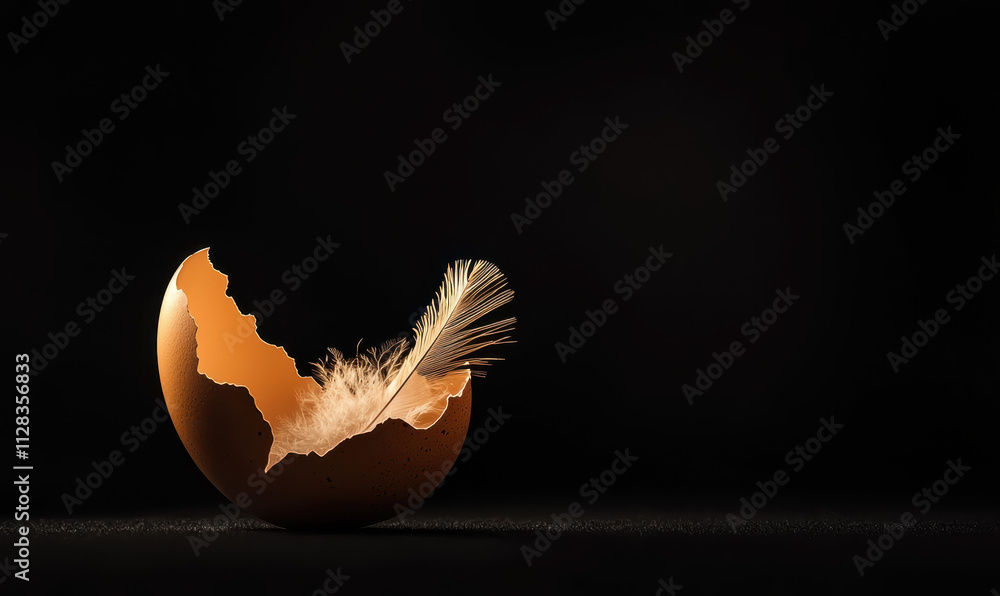 Poster exploring fragility and balance: a feather resting delicately in a broken eggshell on a minimalist b