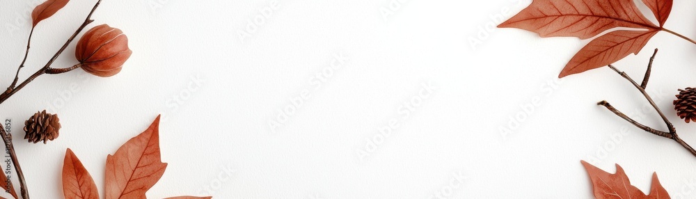 Poster a minimalist layout featuring autumn leaves and twigs on a white background, creating a warm and nat