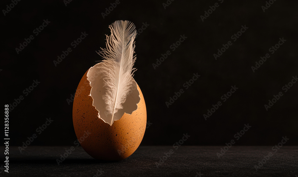 Poster exploring the balance of nature: a feather and egg shell representing fragility and poise in minimal