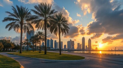beautiful sunset over a city skyline with palm trees
