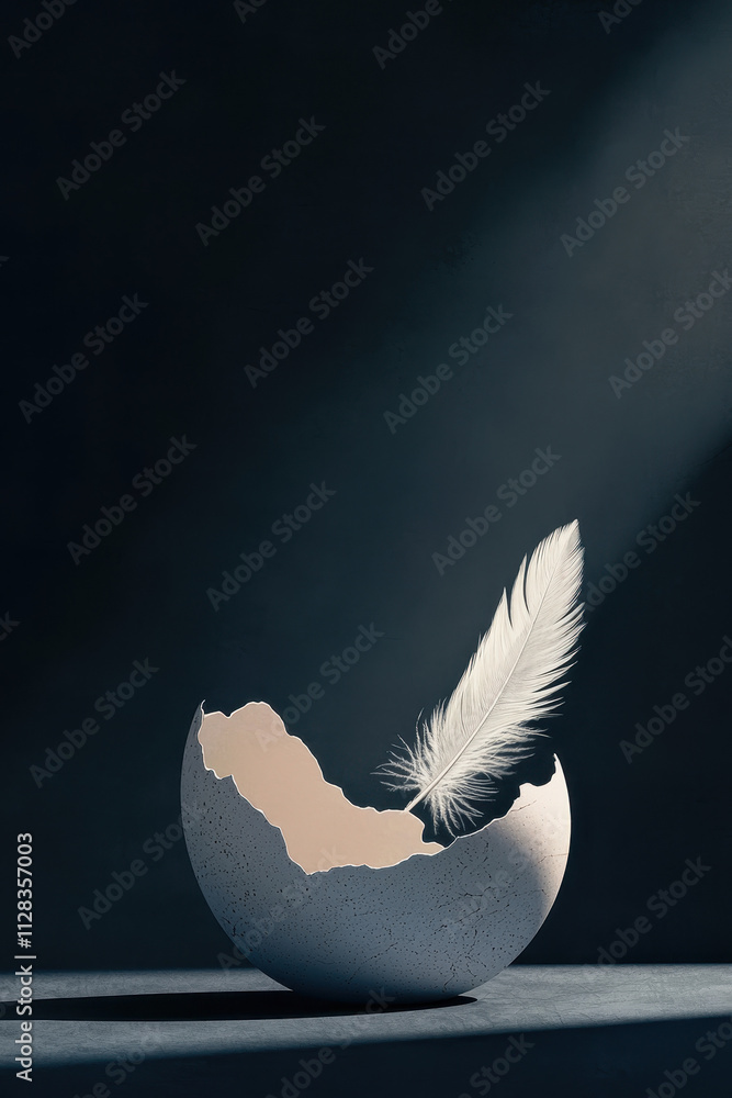 Aufkleber captivating conceptual art: a feather balancing in a broken eggshell illuminates themes of fragility