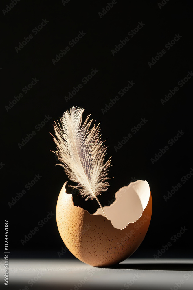 Poster delicate harmony: a feather poised upon a fragile eggshell capturing the essence of balance and the 