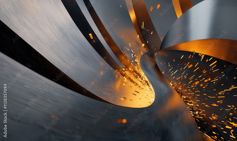 Poster dynamic abstract industry design with illuminating sparks and fluid steel shapes creating vibrant mo