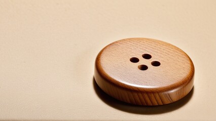 Close-up of a four-hole wooden button with smooth texture, perfect for sewing themes.