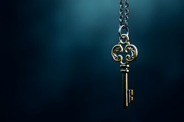 A vintage-style golden key hangs from a chain against a blurred blue background.