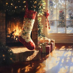 Crackling Fire Illuminates Christmas Stocking