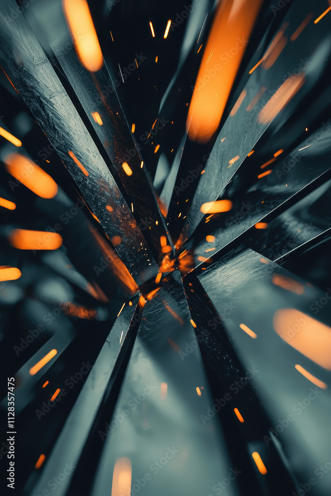 Poster futuristic abstract digital art showcasing dynamic orange shards and vibrant metallic geometry in a 
