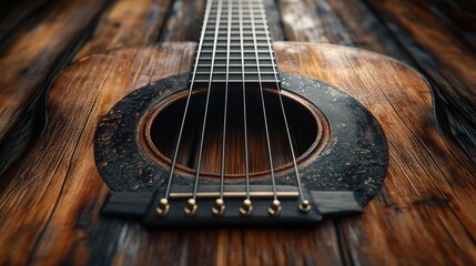 Fototapeta premium Close-Up of a Beautifully Crafted Guitar on Rustic Wooden Surface, Showcasing Intricate Details, Warm Tones, and a Passion for Music and Artistry