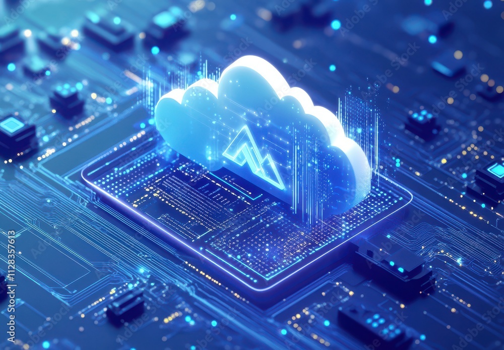 Poster futuristic cloud computing concept with digital circuitry and blue neon lights on a technology backg