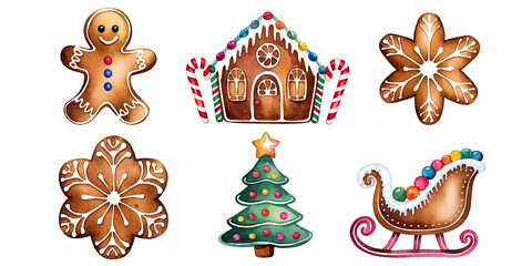 Fototapeta premium Watercolor Christmas Gingerbread Cookies House Man Snowflake Star Sleigh
