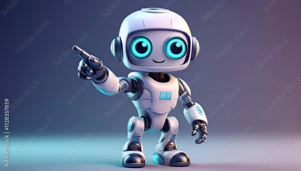 Poster a cheerful, animated robot character points playfully, featuring large expressive eyes and a sleek d