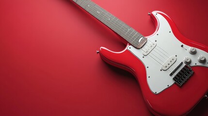 Obraz premium Vibrant Red Electric Guitar Set Against a Matching Red Background, Exuding Energy and Passion in a Striking Visual Harmony for Music Enthusiasts