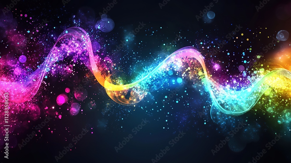 Poster dna strand molecular structure genetic material science background, colorful particles, abstract des