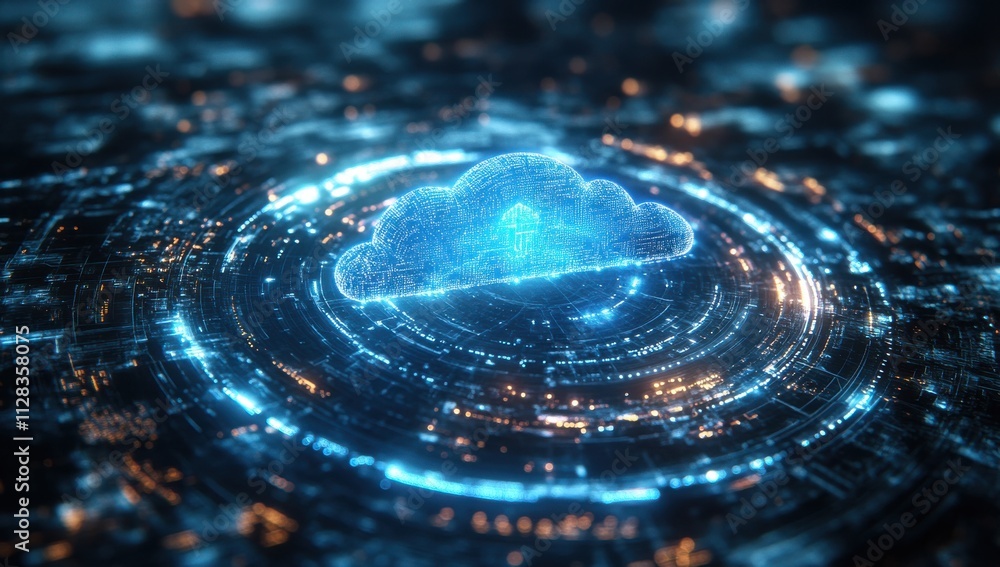 Poster futuristic cloud technology concept representing data storage and digital transformation with vibran
