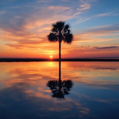 serene sunset reflection with palm tree silhouette