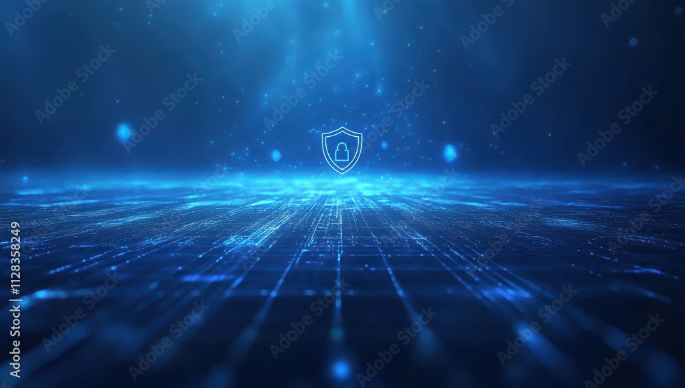 Poster futuristic cybersecurity background featuring a shield icon with lock symbol, representing digital p