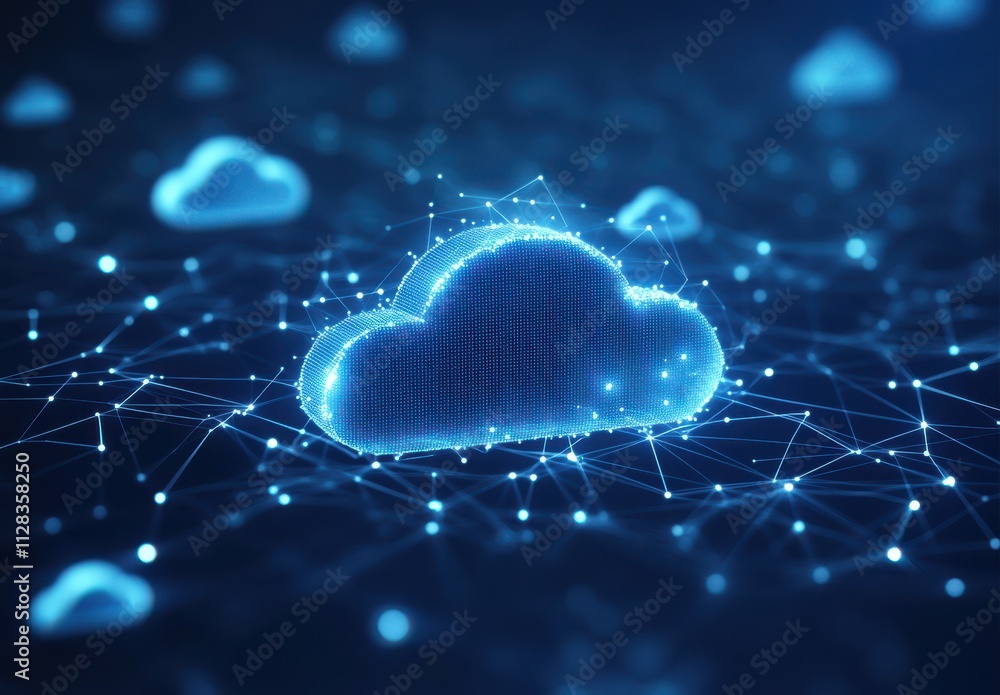 Poster futuristic concept of data storage with abstract cloud and connecting network lines depicting techno