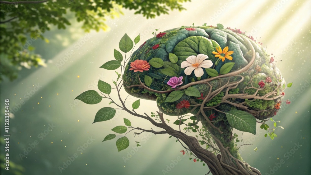 Poster an abstract visualization of a brain made up of interwoven natural elements like leaves branches and