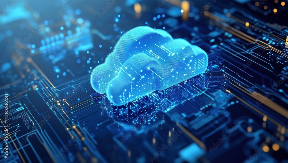 Poster futuristic digital cloud computing concept with abstract circuit board background and blue light vis