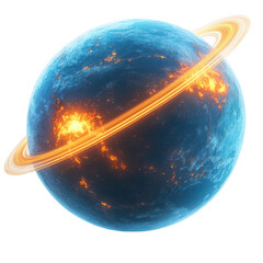 Glowing blue planet earth with rings and red gas clouds on transparent background, 3d illustration