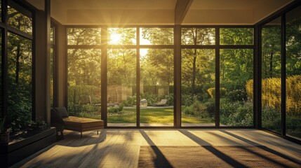serene indoor space with natural light and garden view